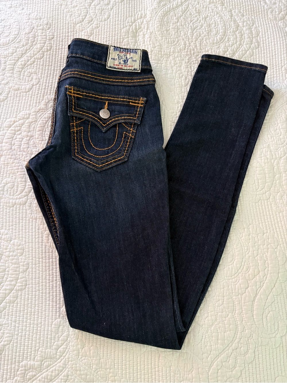 Vintage True Religion Dark Indigo Skinny Jeans with Contrast Stitching